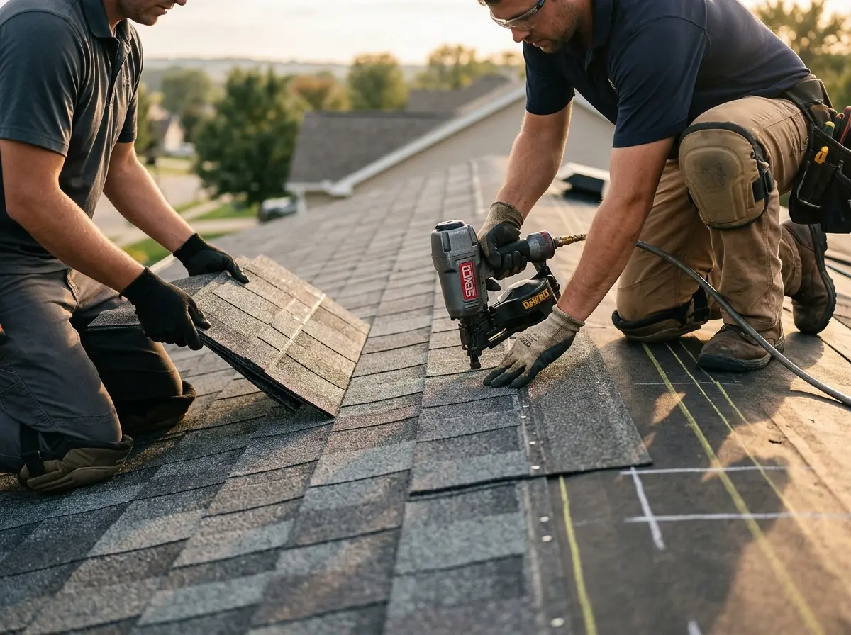 Professional roofer working on a residential roof in Dakota Ridge